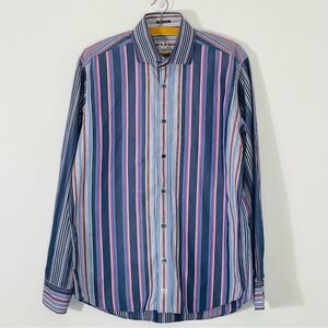 Bugatchi Uomo Classic Fit 100% Cotton Blue & Pink Striped Dress Shirt Size M EUC